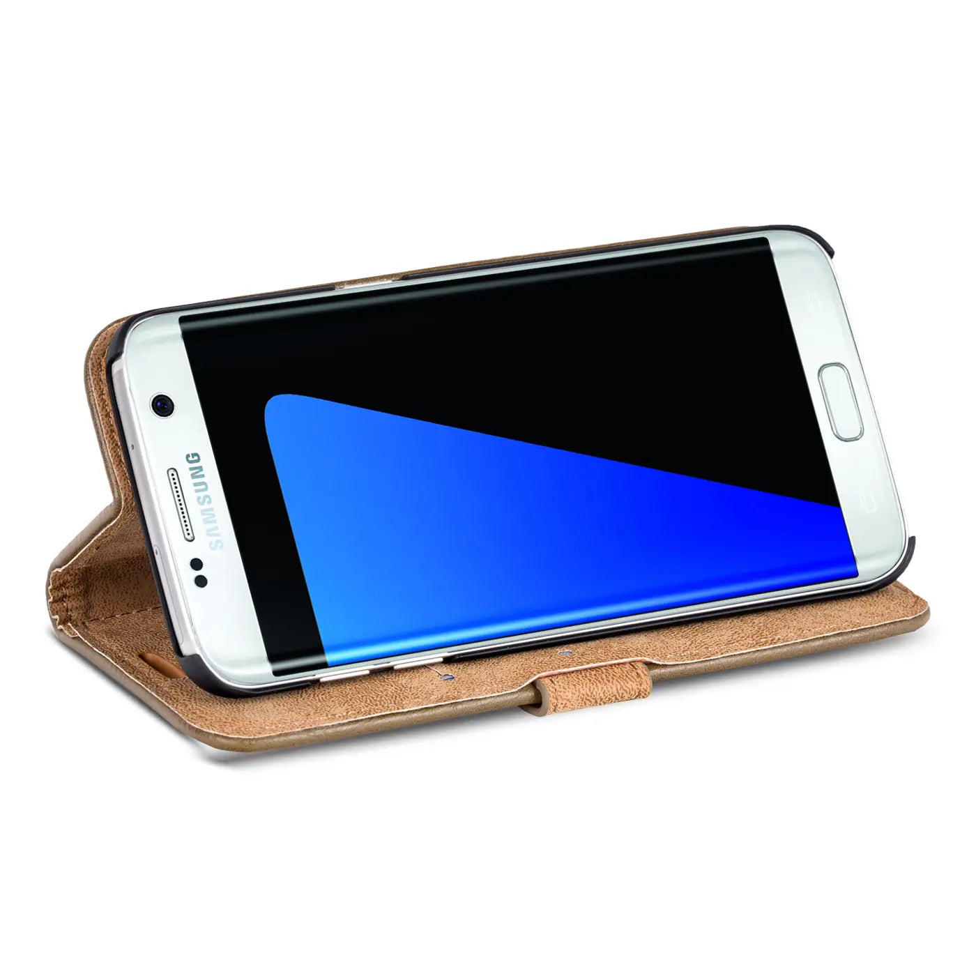 Braune Leder-Klapphülle mit Samsung Galaxy S7 Edge, von vorne schräg