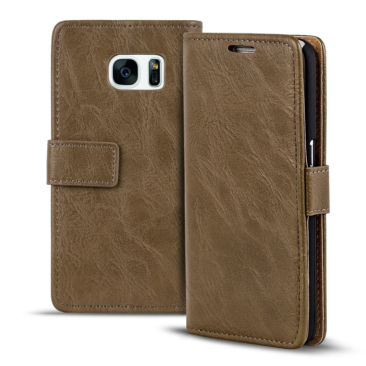 Braune Leder-Klapphülle für Samsung Galaxy S7, von vorne und seitlich gezeigt.