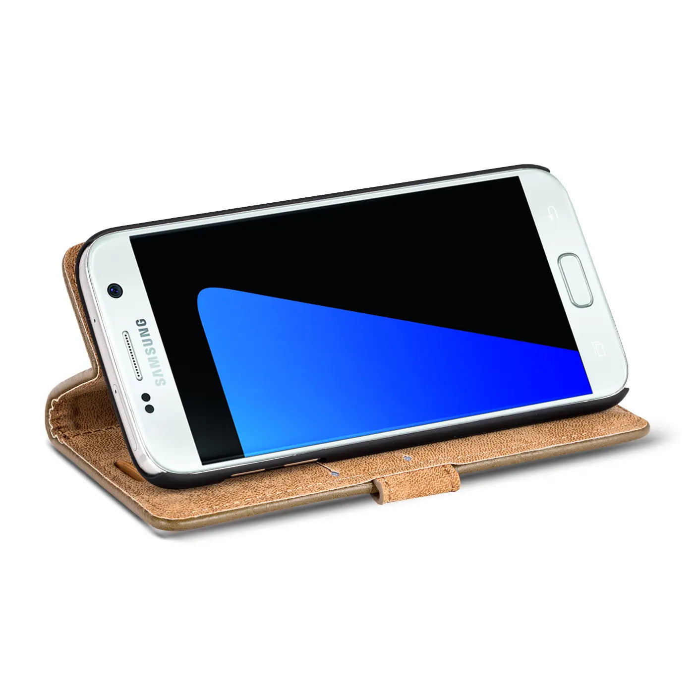 Braune Leder-Klapphülle mit Samsung Galaxy S7, Seitenansicht.