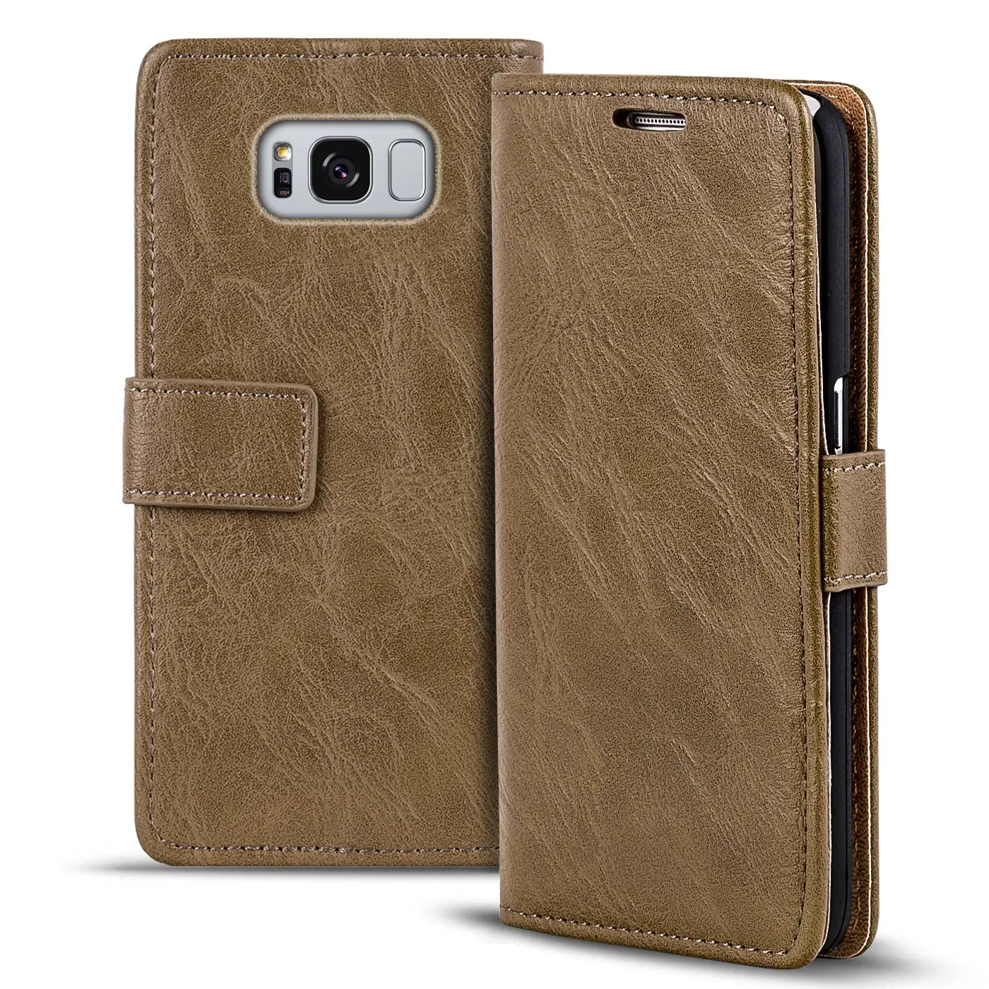 Braune Kunstleder-Klapphülle für Samsung Galaxy S8 Plus, von vorne und seitlich gezeigt.