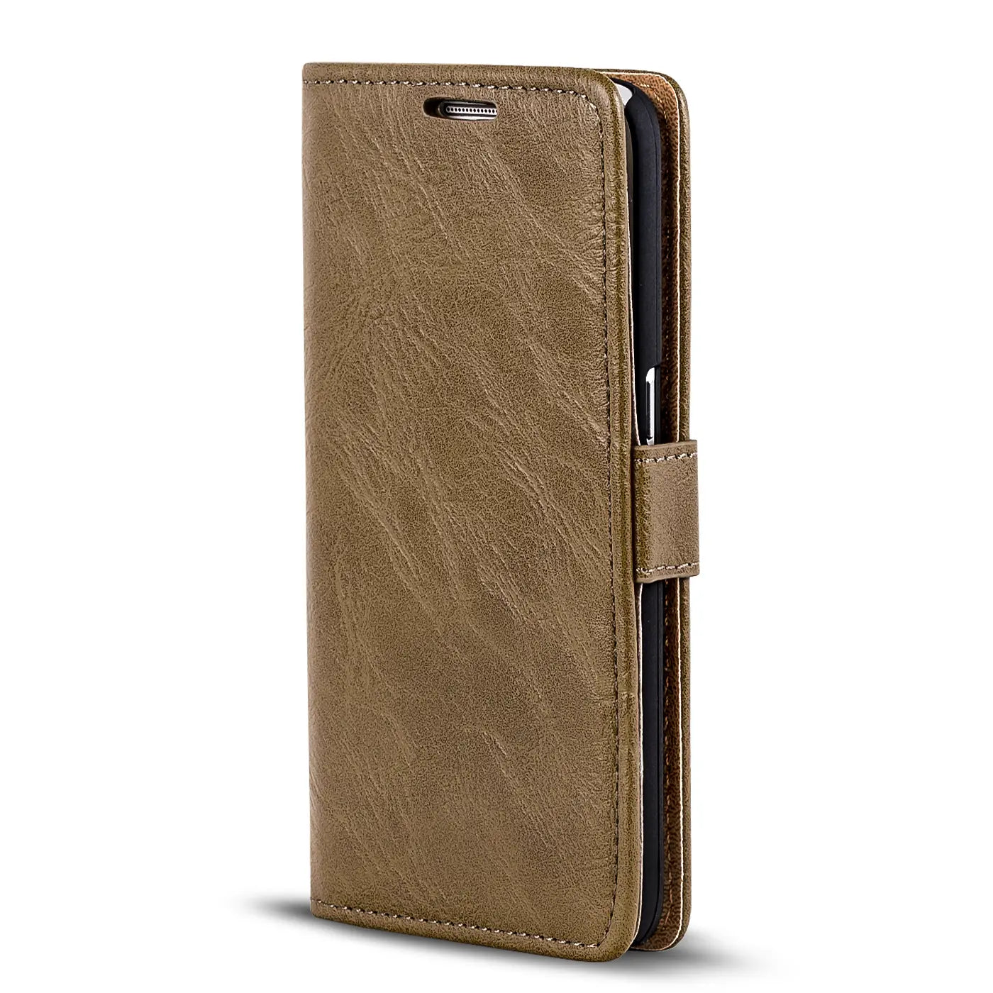 Braune Leder-Klapphülle mit Geldfach, Seitenansicht, für Samsung Galaxy S8 Plus.