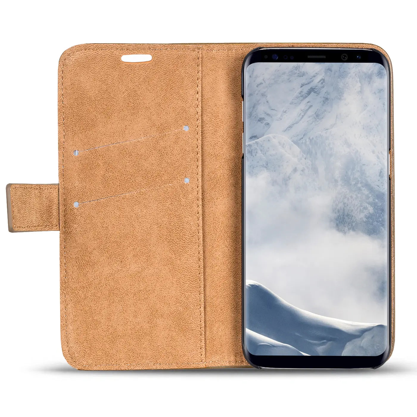 Braune Kunstledertasche mit Geldfach, geöffnet, zeigt Samsung Galaxy S8 Plus.