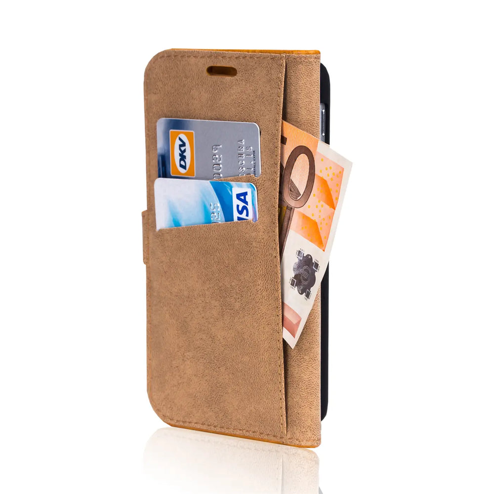Braune Kunstleder-Klapphülle mit Kartenfächern und Geldscheinfach, Vorderansicht, Samsung Galaxy S9.