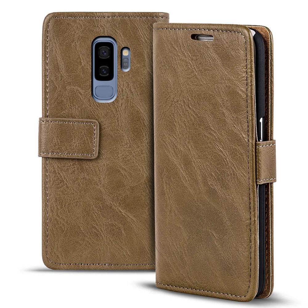 Braune Leder-Klapphülle für Samsung Galaxy S9, von vorne und seitlich gezeigt.