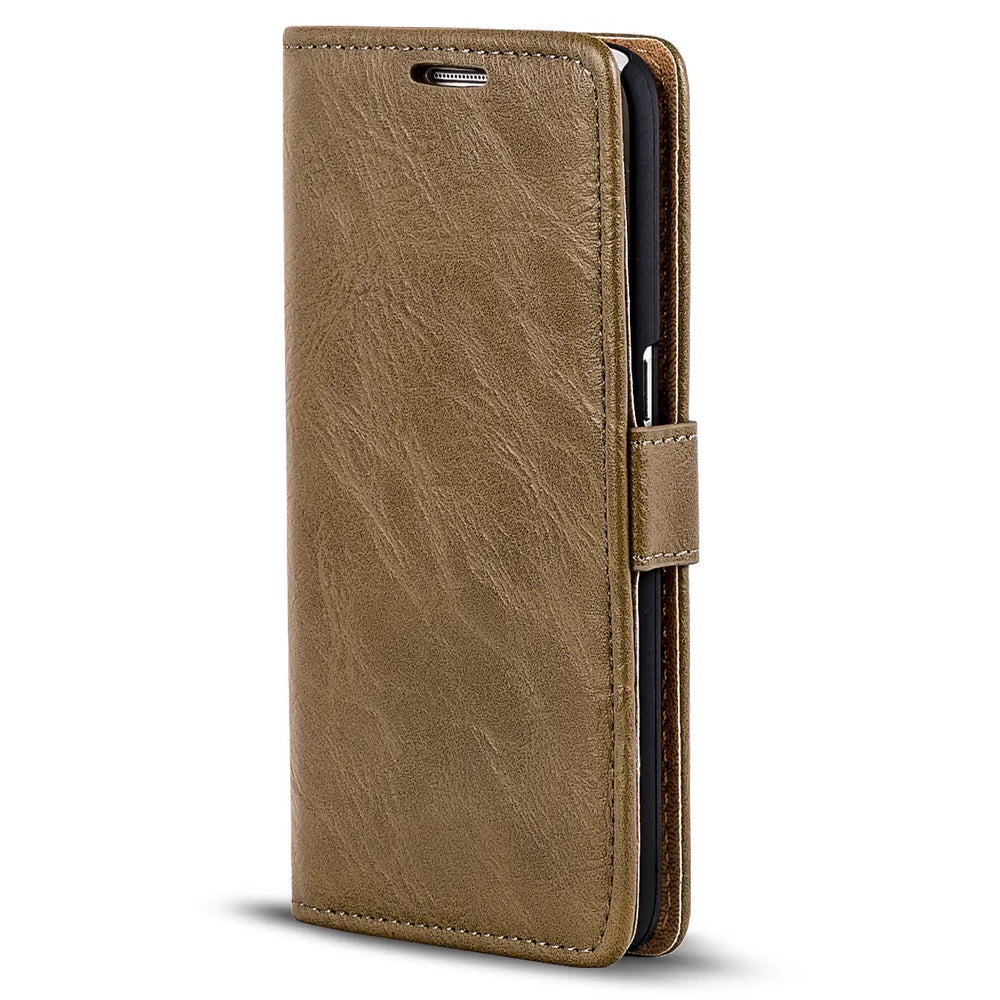 Braune Leder-Klapphülle mit Geldfach für Samsung Galaxy S9, Seitenansicht.