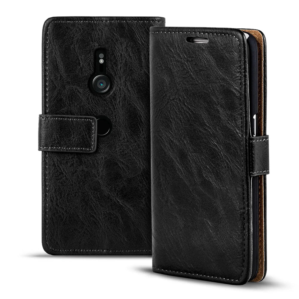 Schwarze Leder-Klapphülle für Sony Xperia XZ3, von vorne und seitlich gezeigt.