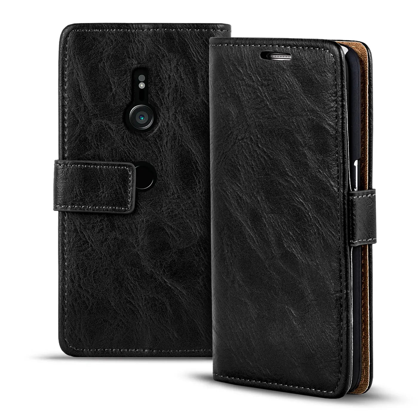 Schwarze Leder-Klapphülle für Sony Xperia XZ3, von vorne und seitlich gezeigt.