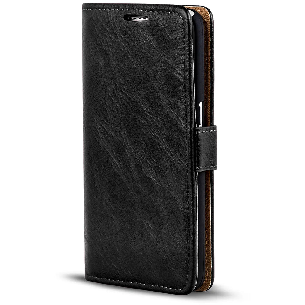 Schwarze Leder-Klapphülle mit braunem Innenfutter, seitliche Ansicht, für Sony Xperia XZ3.