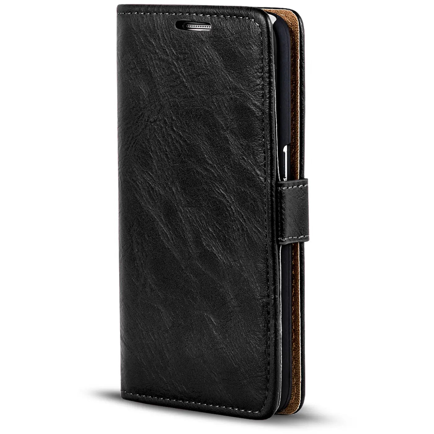 Schwarze Leder-Klapphülle mit braunem Innenfutter, seitliche Ansicht, für Sony Xperia XZ3.