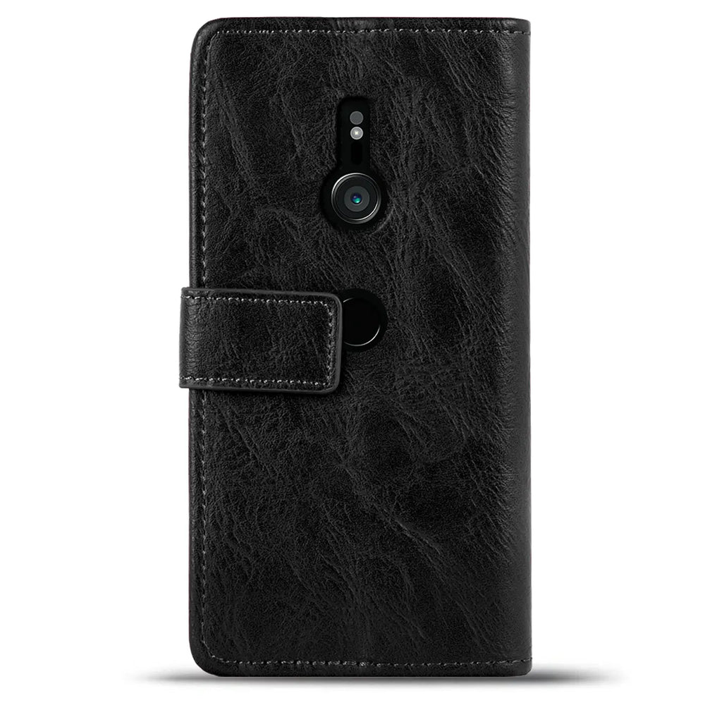 Schwarze Leder-Klapphülle mit Magnetverschluss, Rückansicht, für Sony Xperia XZ3.