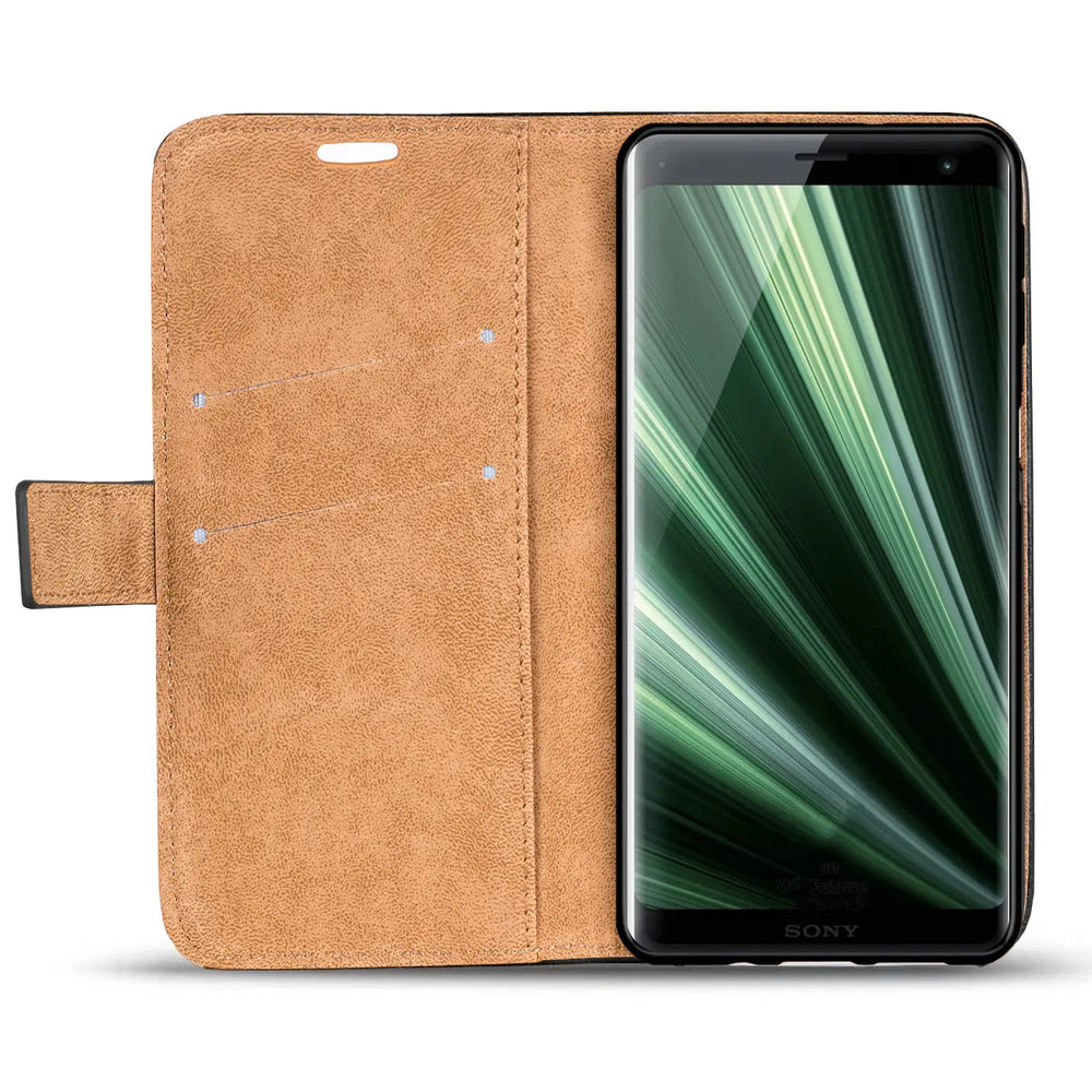 Braune Kunstleder-Klapphülle mit Kartenfächern, zeigt Sony Xperia XZ3, Frontansicht.
