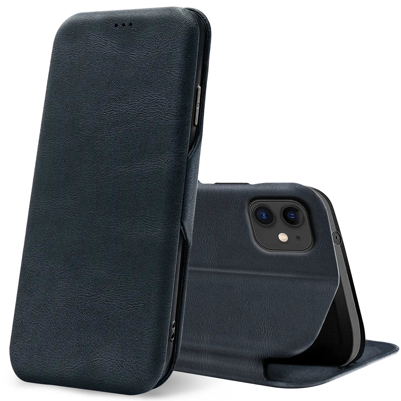 Dunkelblaue Leder-Klapphülle für iPhone 11, von vorne/seitlich, mit Kartenfach.
