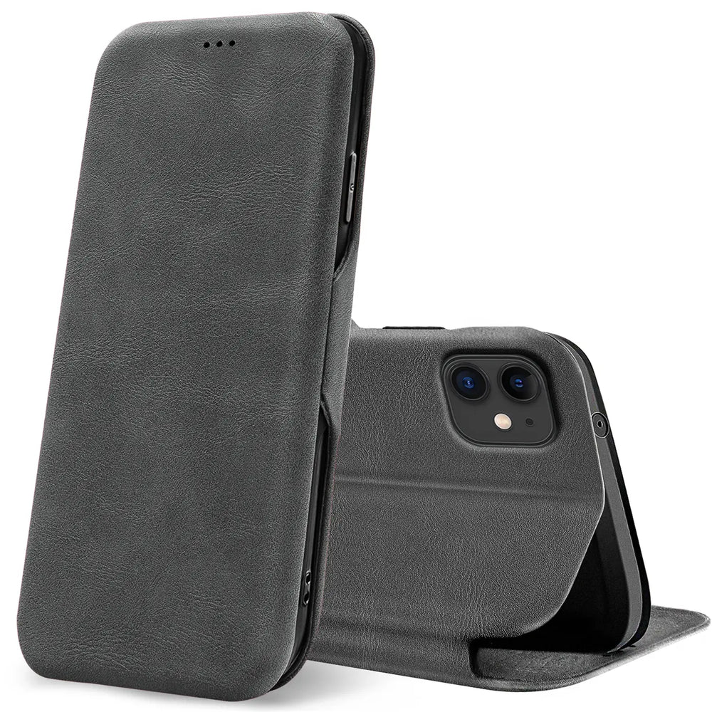 Graue Kunstleder-Klapphülle für iPhone 11, von vorne links, mit offenem Deckel.