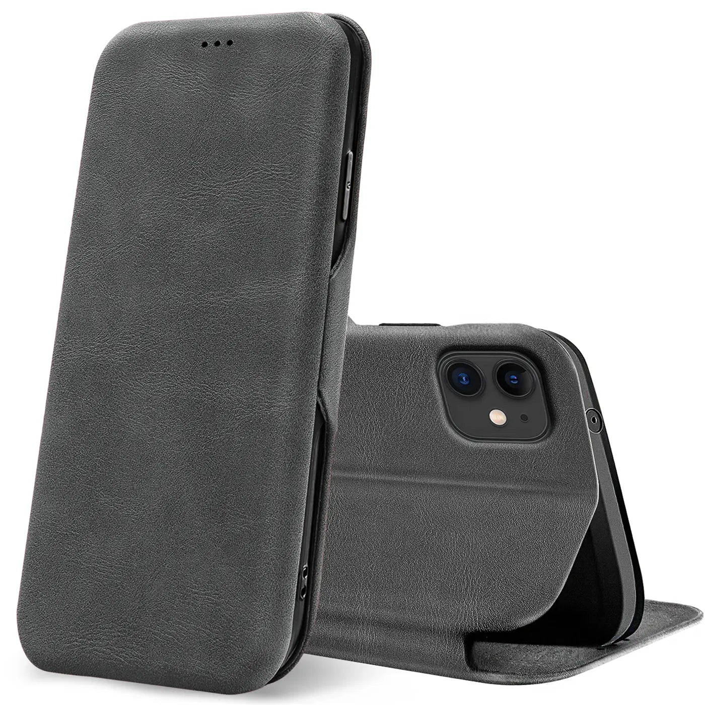 Graue Kunstleder-Klapphülle für iPhone 11, von vorne links, mit offenem Deckel.