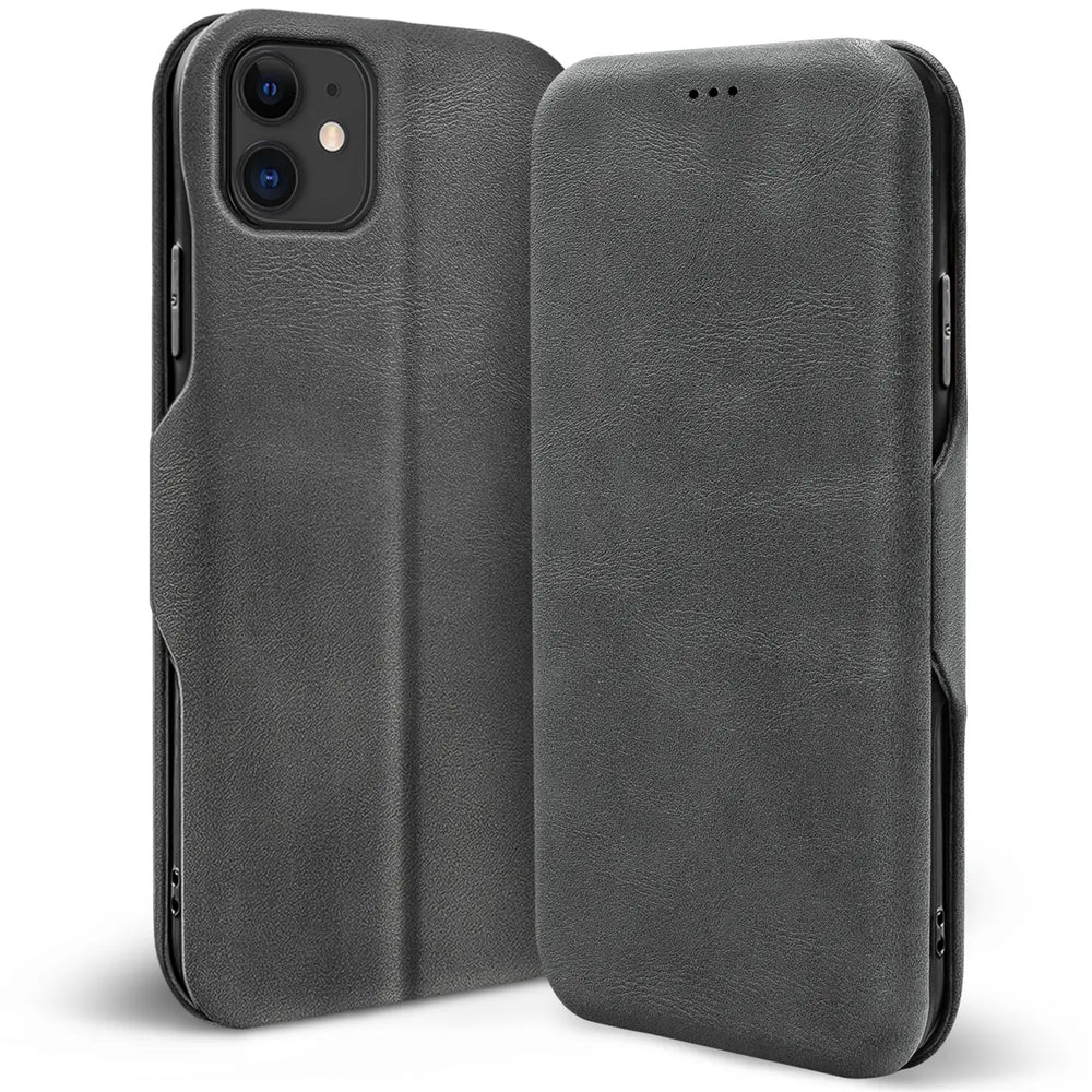 Graue Kunstleder-Klapphülle für iPhone 11, Vorder- und Rückseite, mit Kartenfach.