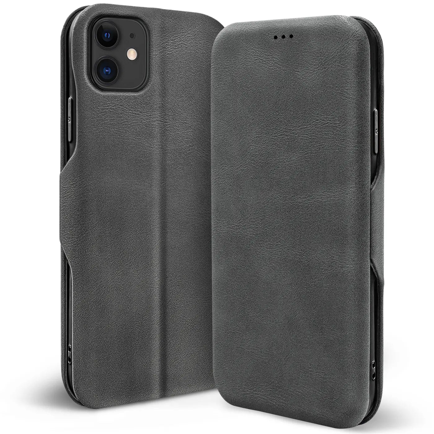 Graue Kunstleder-Klapphülle für iPhone 11, Vorder- und Rückseite, mit Kartenfach.