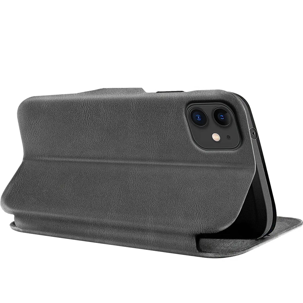 Graue Kunstleder-Klapphülle für iPhone 11, von schräg rechts, Rückseite sichtbar.