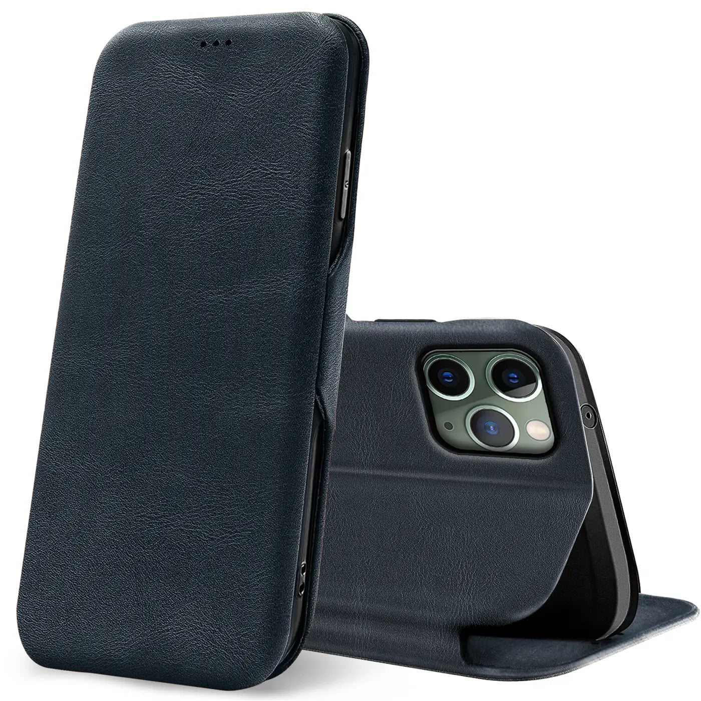 Dunkelblaue Leder-Klapphülle für iPhone 11 Pro, von vorne/oben.