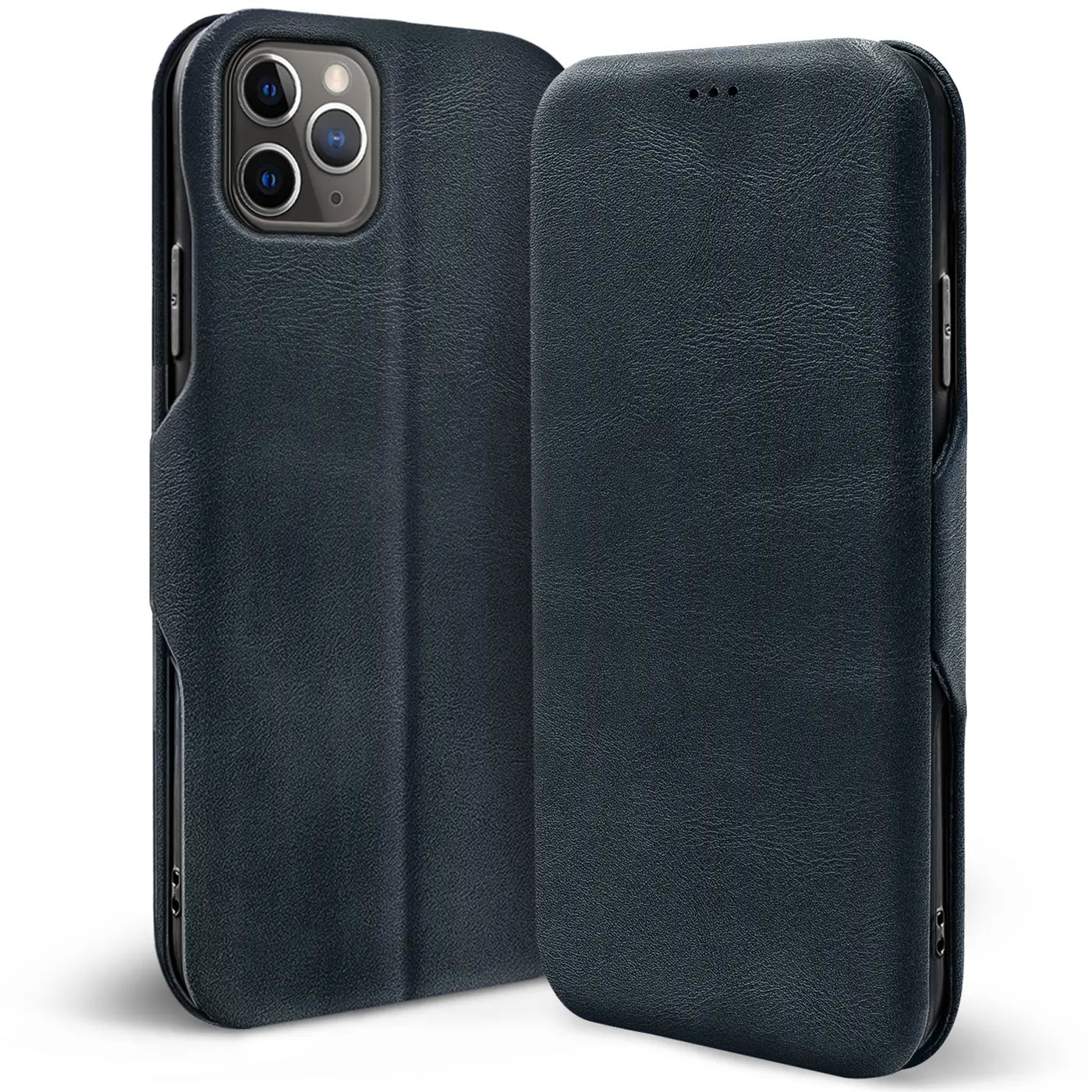 Dunkelblaue Leder-Klapphülle für iPhone 11 Pro, von vorne mit Blick auf die Kamera und geschlossene Klappe.