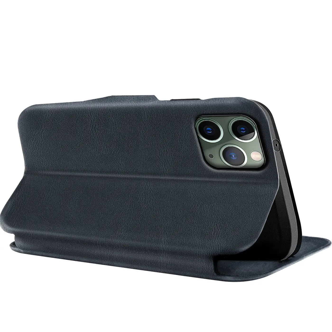 Dunkelblaue Leder-Klapphülle mit Kartenfach für iPhone 11 Pro, Seitenansicht.
