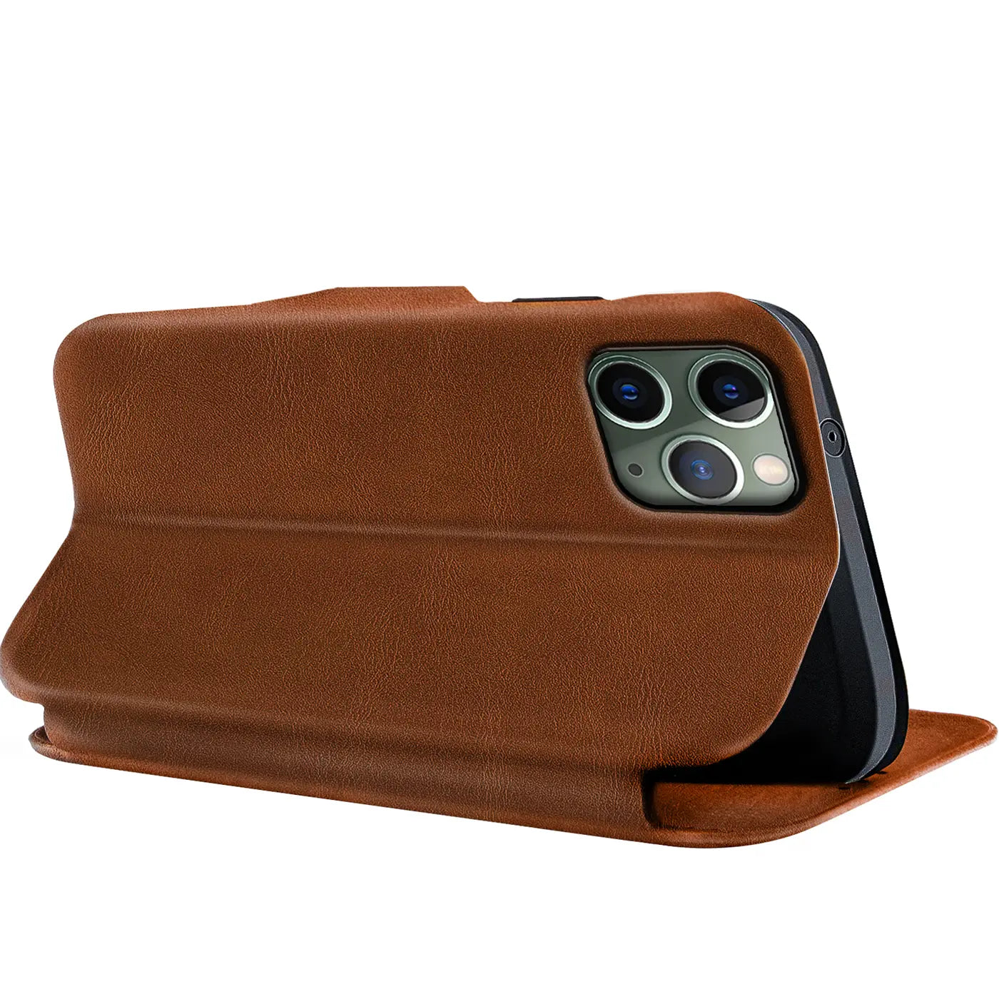 Braune Leder-Klapphülle mit Kartenfach für iPhone 11 Pro, Seitenansicht.