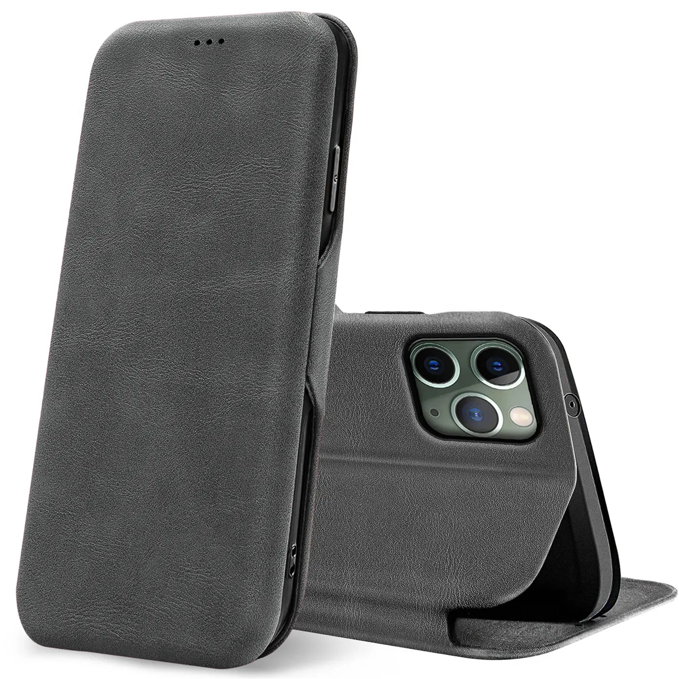 Graue Kunstleder-Klapphülle mit Kartenfach, seitliche Ansicht, zeigt iPhone 11 Pro Rückseite