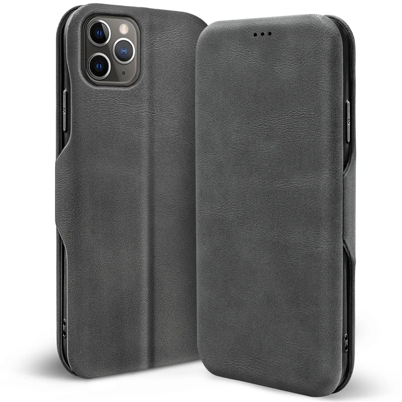 Graue Kunstleder-Klapphülle für iPhone 11 Pro, von vorne mit Blick auf die Kamera.
