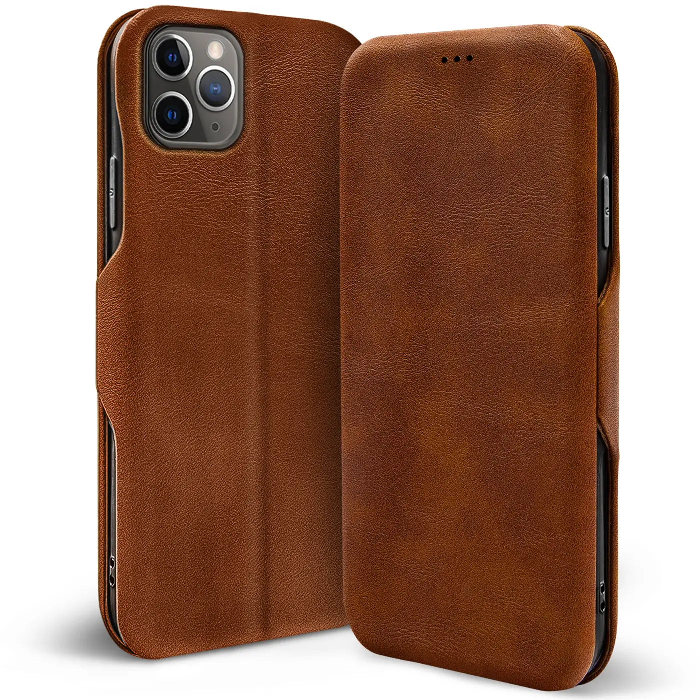 Braune Leder-Klapphülle für iPhone 11 Pro Max, von vorne schräg gezeigt.
