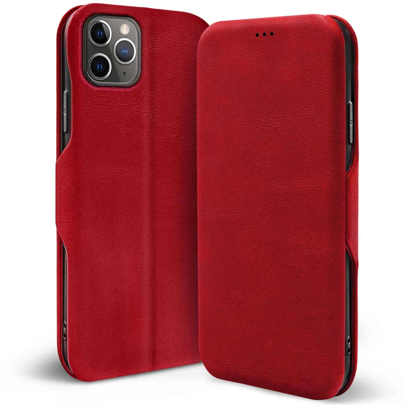Rote Leder-Klapphülle für iPhone 11 Pro, von vorne/seitlich gezeigt.