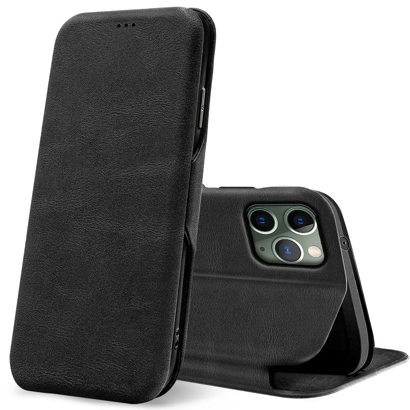 Schwarze Leder-Klapphülle mit Kartenfach für iPhone 11 Pro, von vorne links