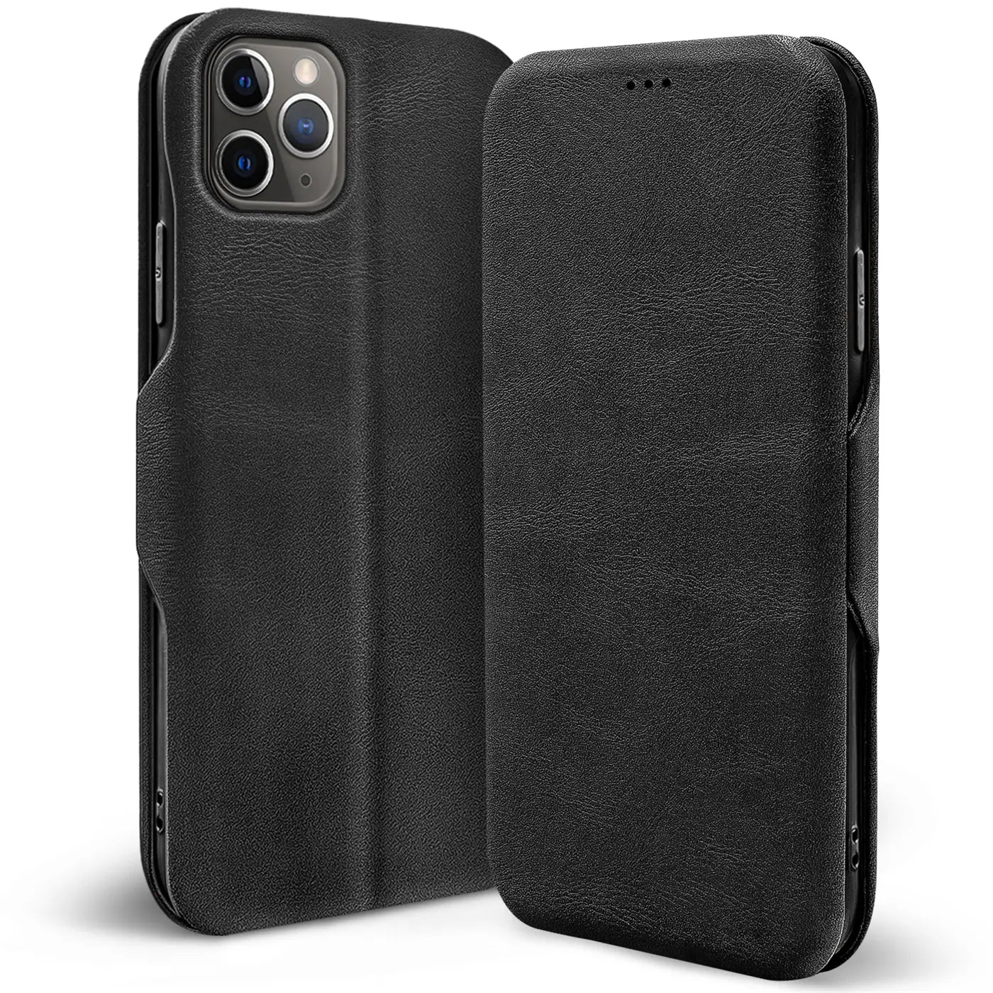 Schwarze Leder-Klapphülle für iPhone 11 Pro, von vorne links, mit Kartenfach.