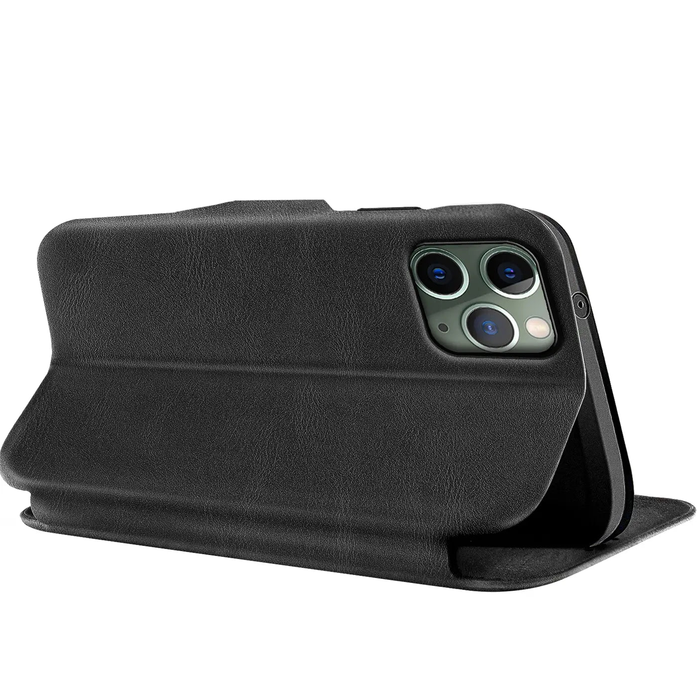 Schwarze Klapphülle aus Leder mit Kartenfach für iPhone 11 Pro, Seitenansicht.