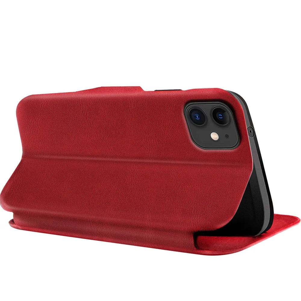 Rote Leder-Klapphülle mit Kartenfach, seitliche Ansicht, iPhone 11.