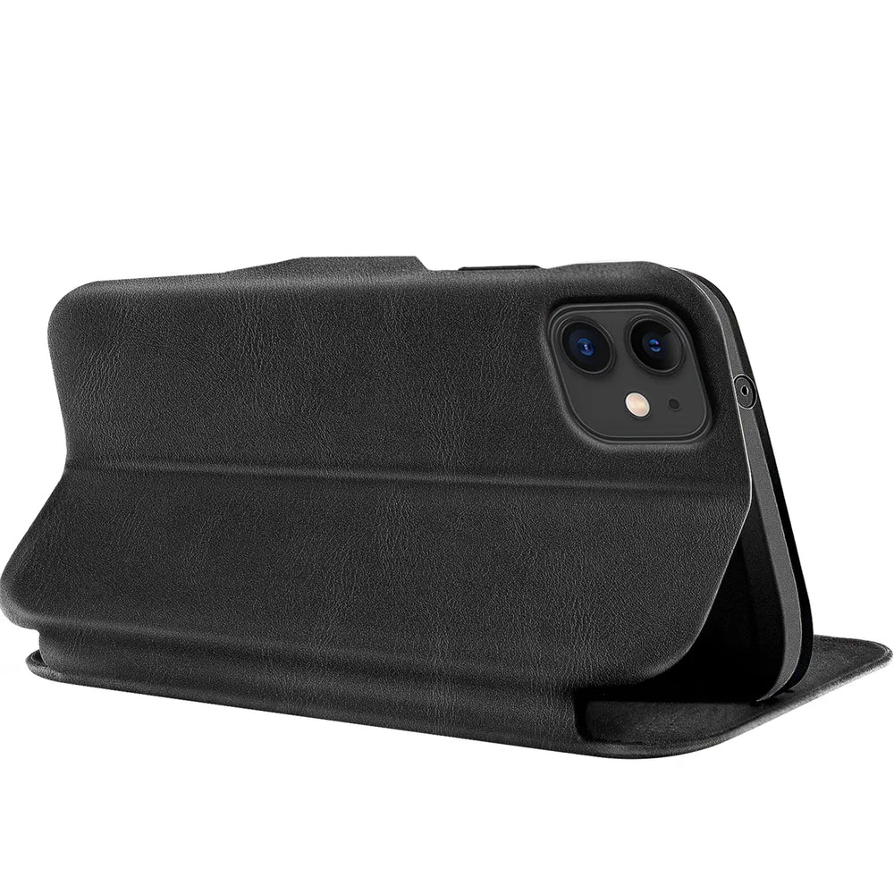 Schwarze Leder-Klapphülle für iPhone 11, Seitenansicht.