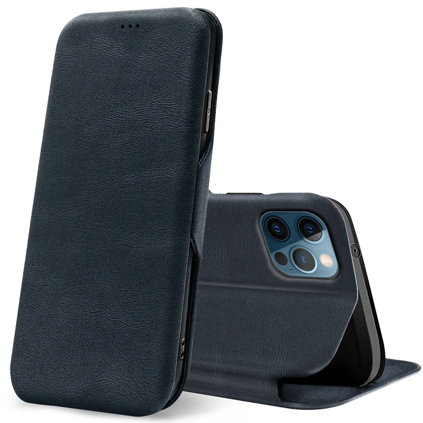 Dunkelblaue Leder-Klapphülle mit Kartenfach für iPhone 12 Pro, Seitenansicht.