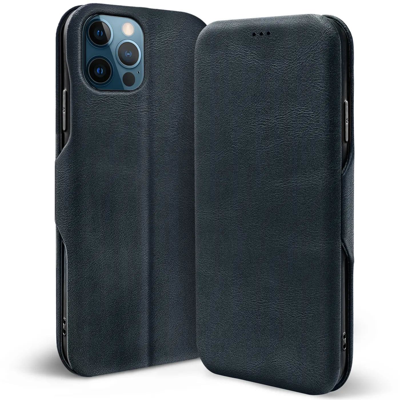 Dunkelblaue Leder-Klapphülle für iPhone 12 Pro, von vorne und von der Seite gezeigt.