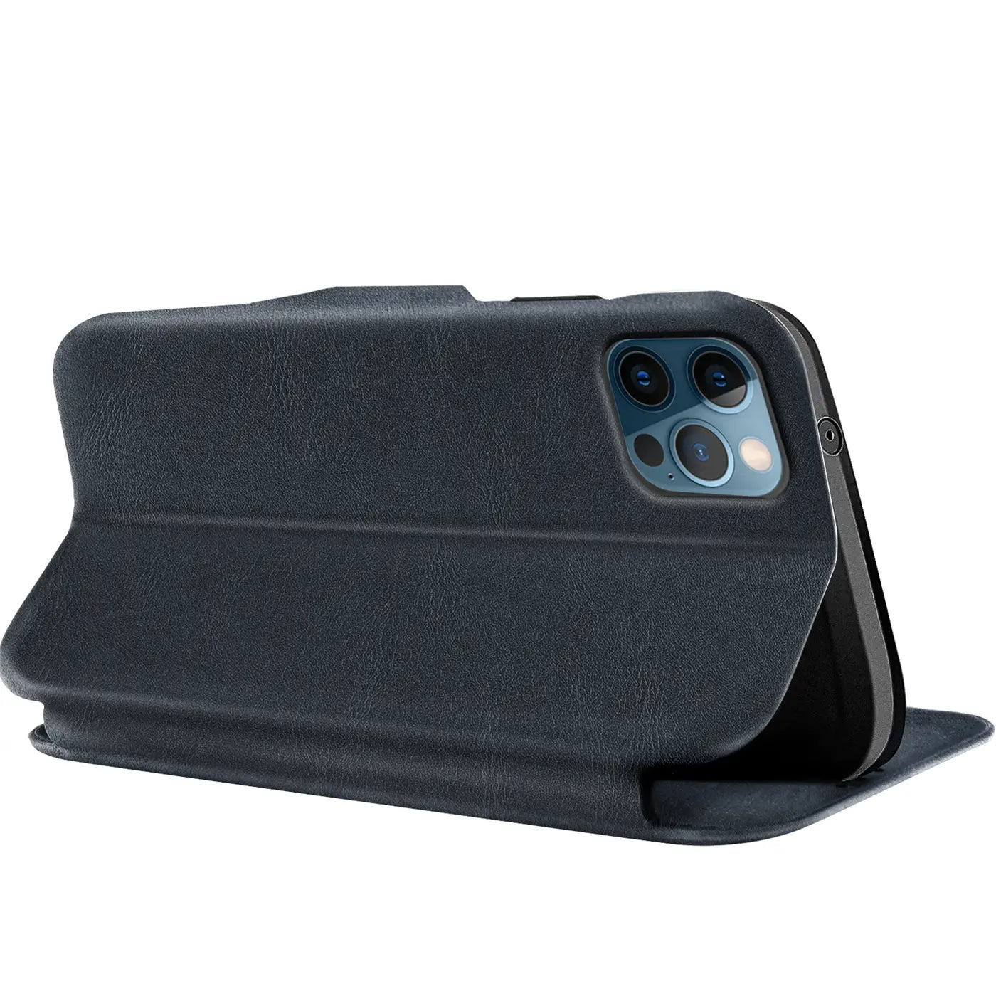 Dunkelblaue Leder-Klapphülle mit Kartenfach, seitliche Ansicht, zeigt iPhone 12 Pro