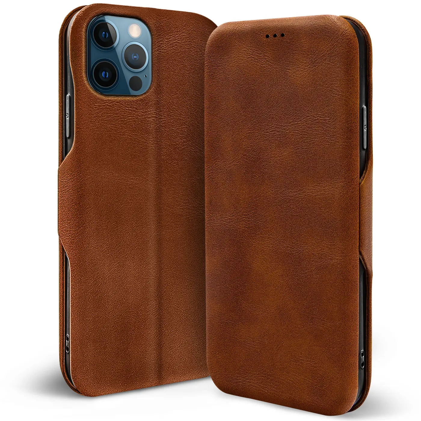 Braune Leder-Klapphülle für iPhone 12 Pro, von vorne/seitlich gezeigt.