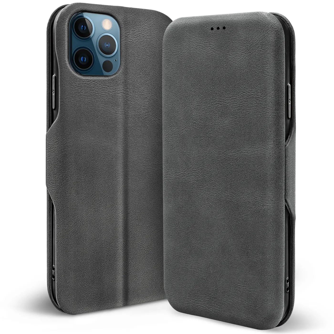 Graue Kunstleder-Klapphülle für iPhone 12/12 Pro, von vorne schräg gezeigt.