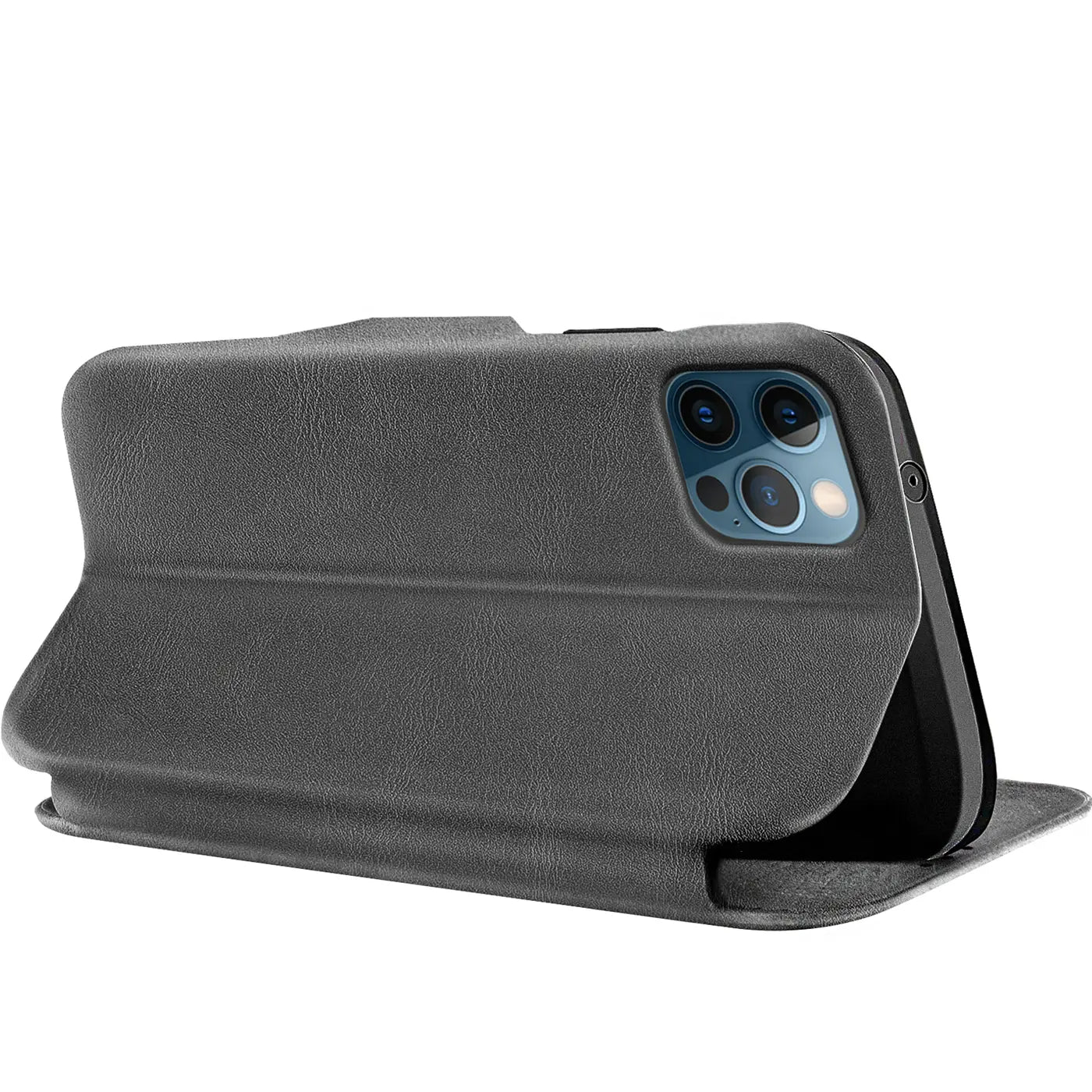 Graue Kunstleder-Klapphülle mit Kartenfach für iPhone 12 Pro, Seitenansicht