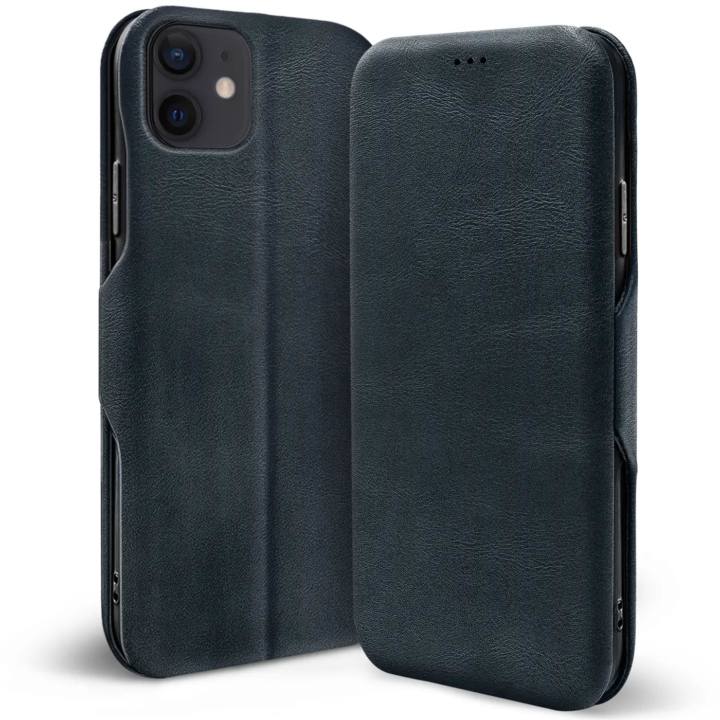 Dunkelblaue Kunstleder-Klapphülle für iPhone 12 Mini, Vorder- und Rückansicht.