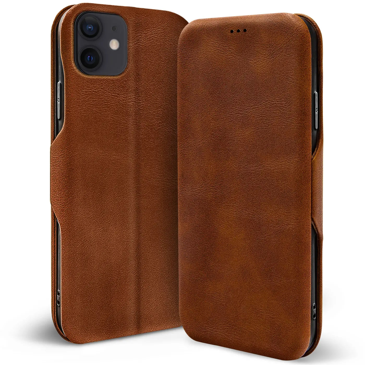 Braune Leder-Klapphülle für iPhone 12 Mini, von vorne, mit Kartenfach.