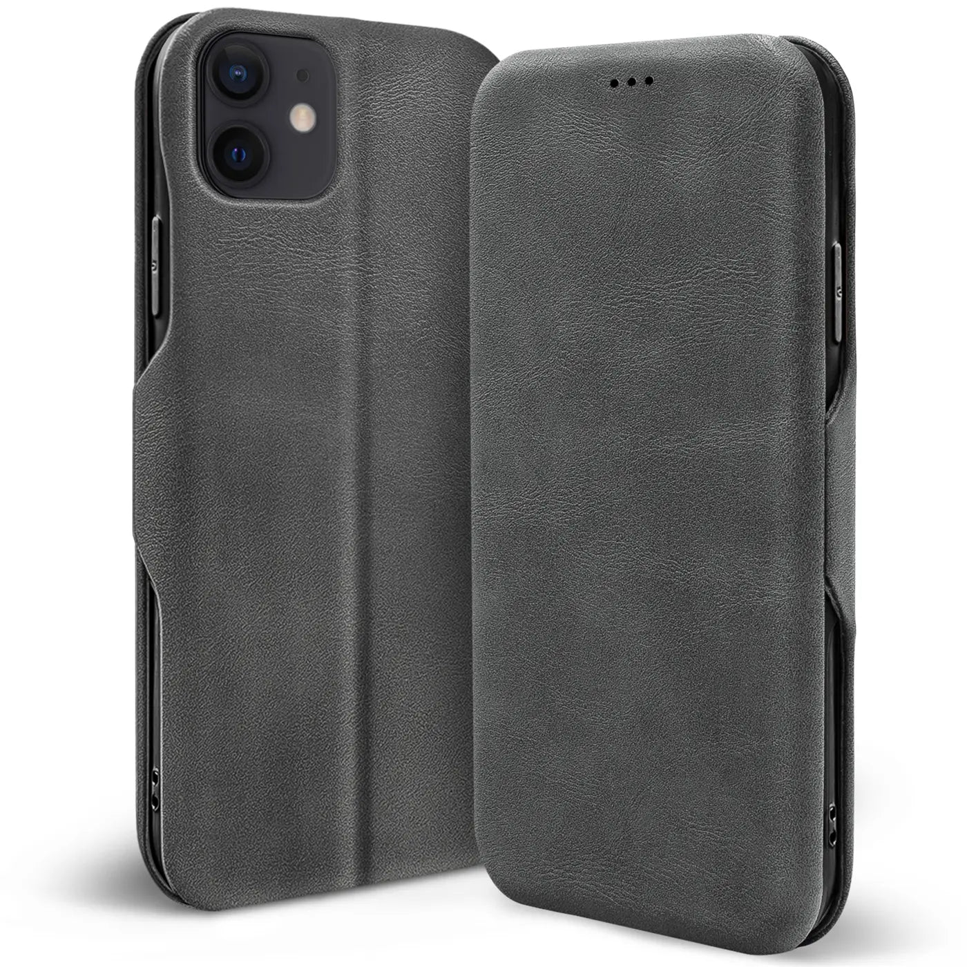 Graue Leder-Klapphülle für iPhone 12 Mini, von vorne, mit Kartenfach.