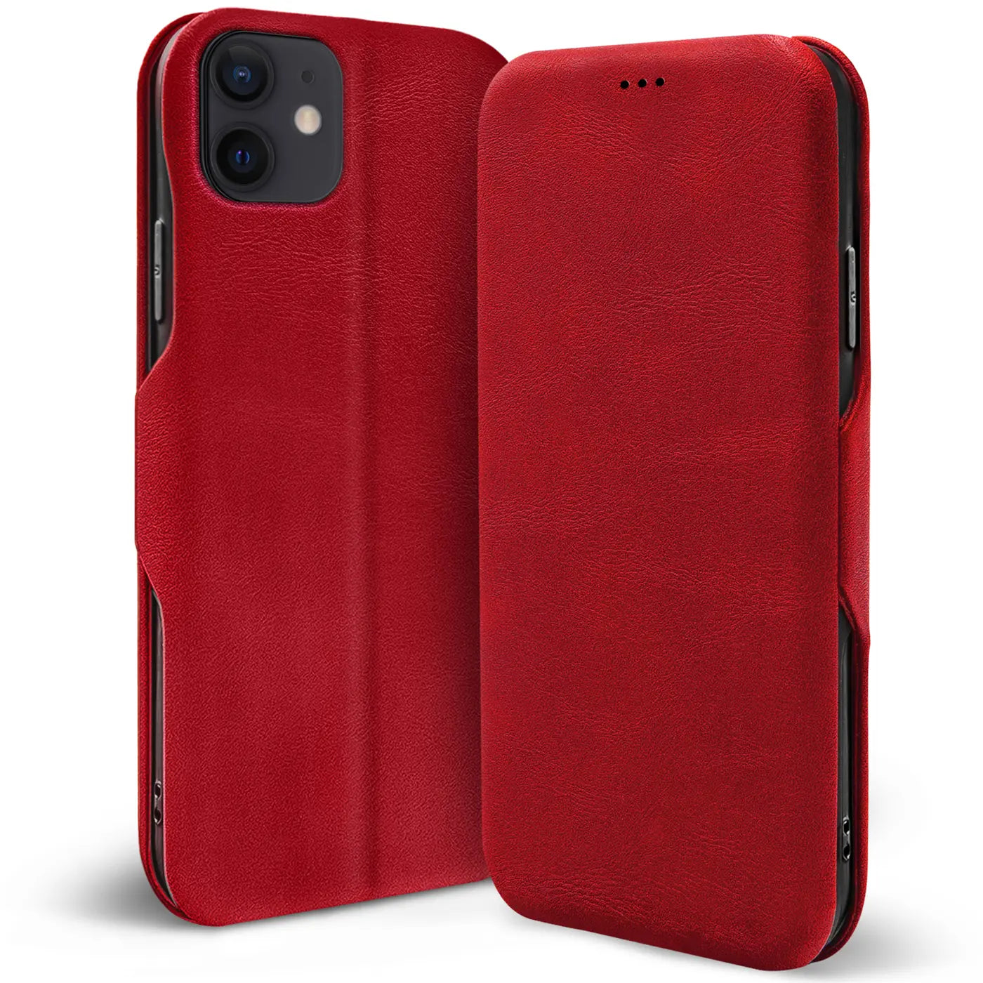 Rote Leder-Klapphülle für iPhone 12 Mini, von vorne, mit Kartenfach.