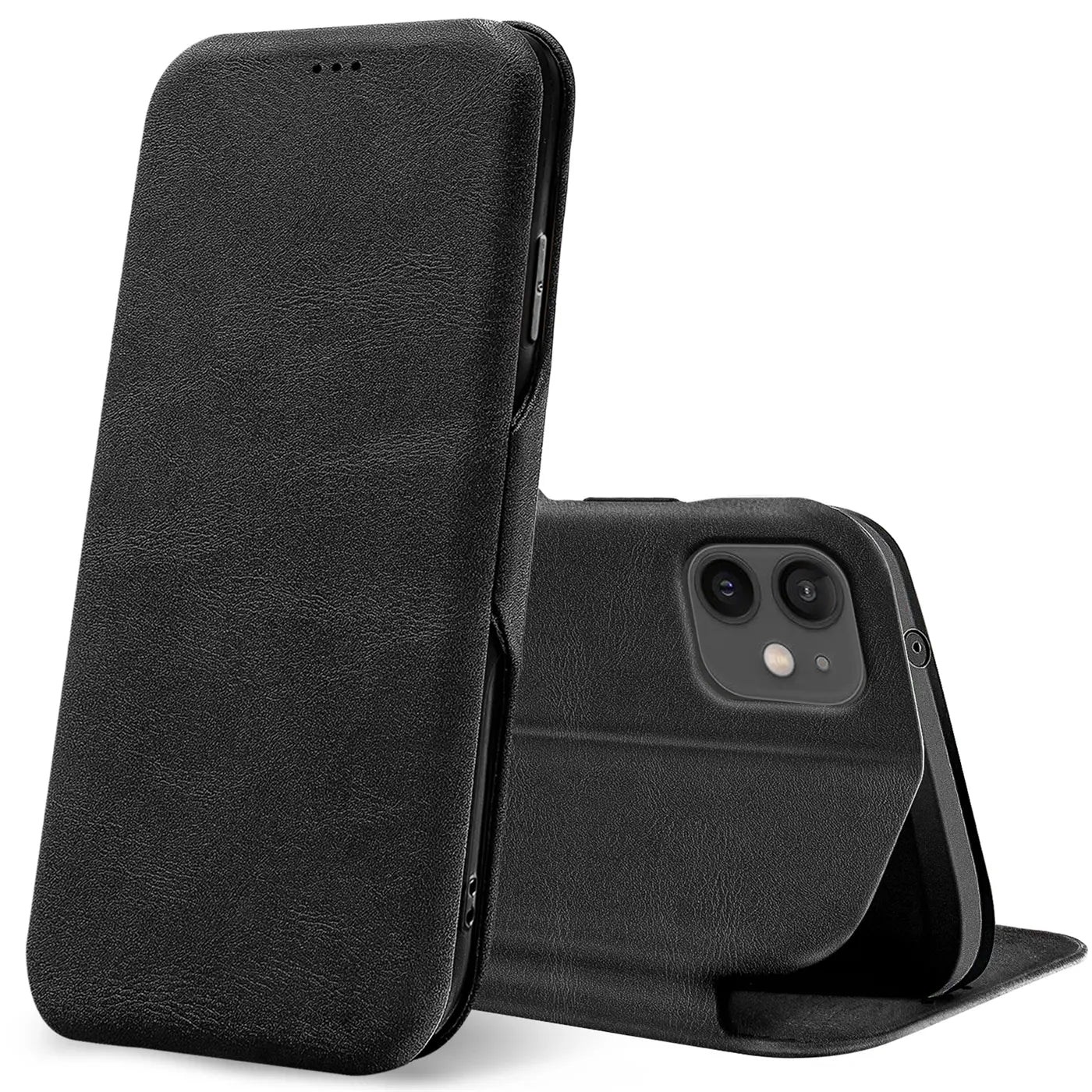 Schwarze Leder-Klapphülle mit Kartenfach, iPhone 12 Mini, von vorne links