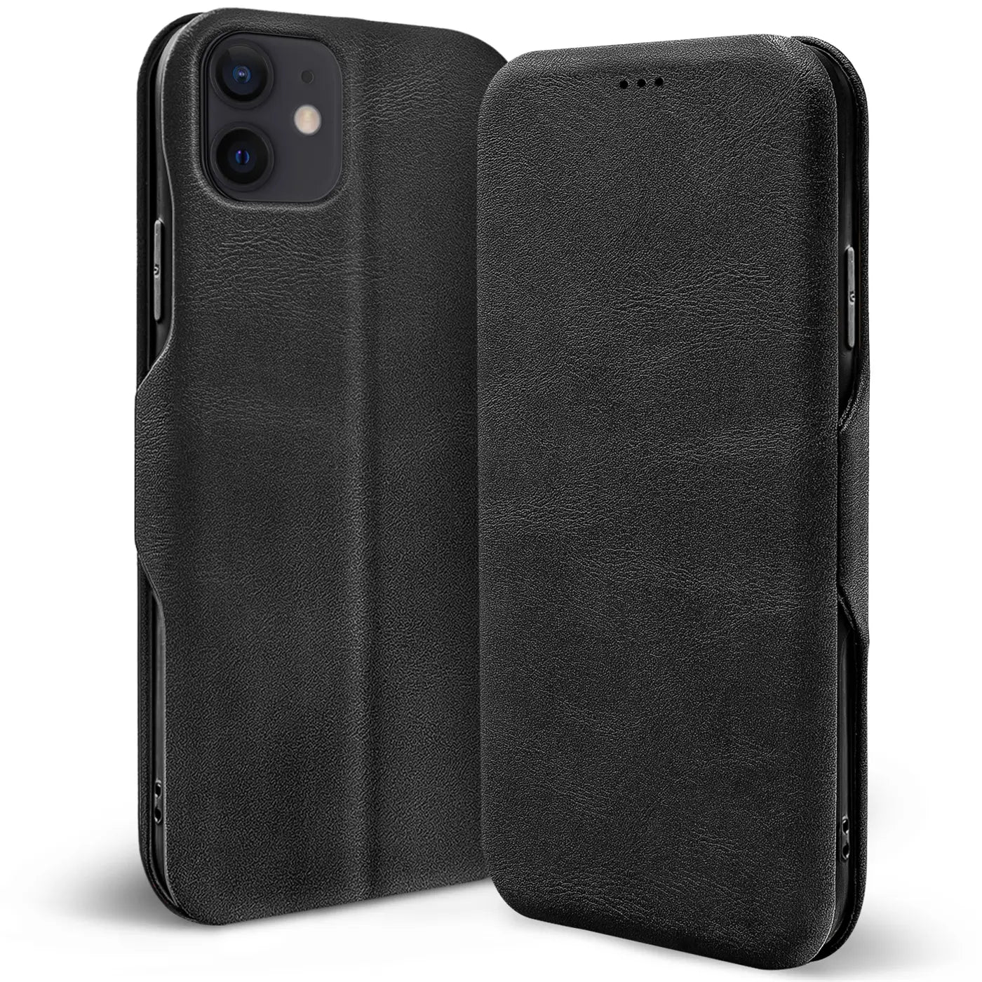 Schwarze Leder-Klapphülle für iPhone 12 Mini, von vorne schräg gezeigt.
