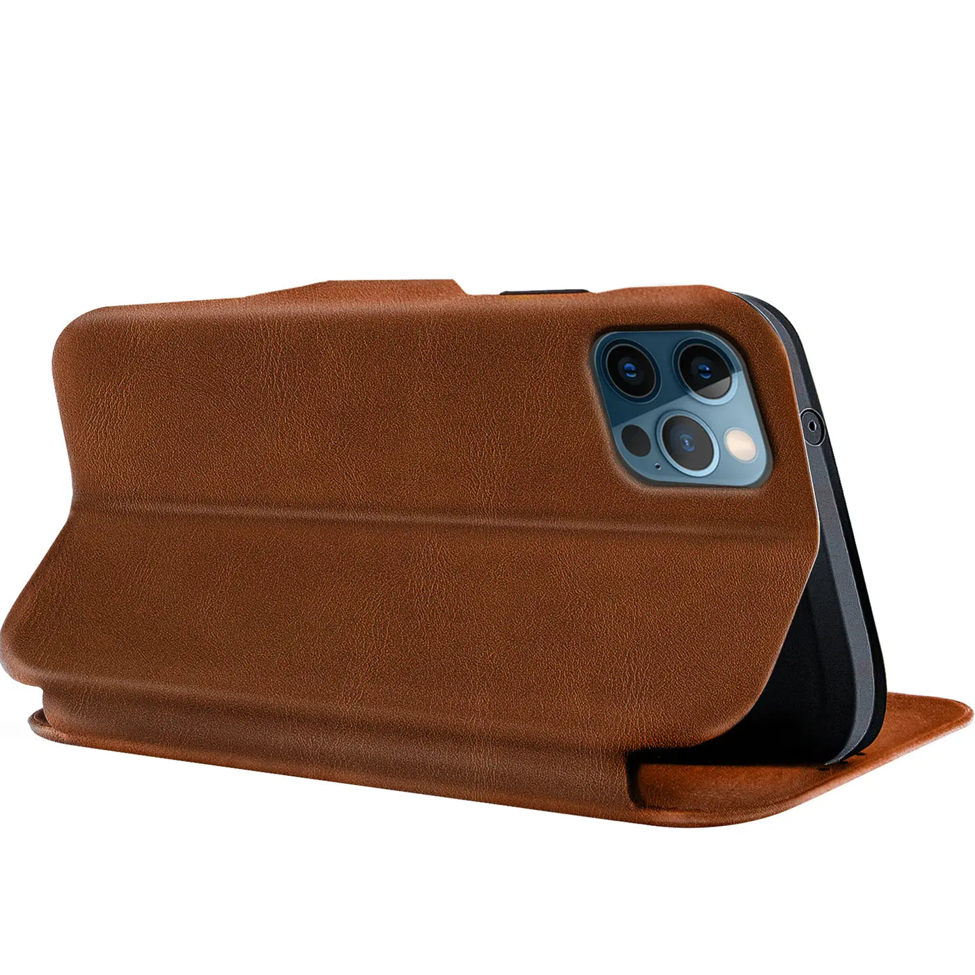 Braune Leder Klapphülle mit Kartenfach für iPhone 12 Pro Max, Seitenansicht.