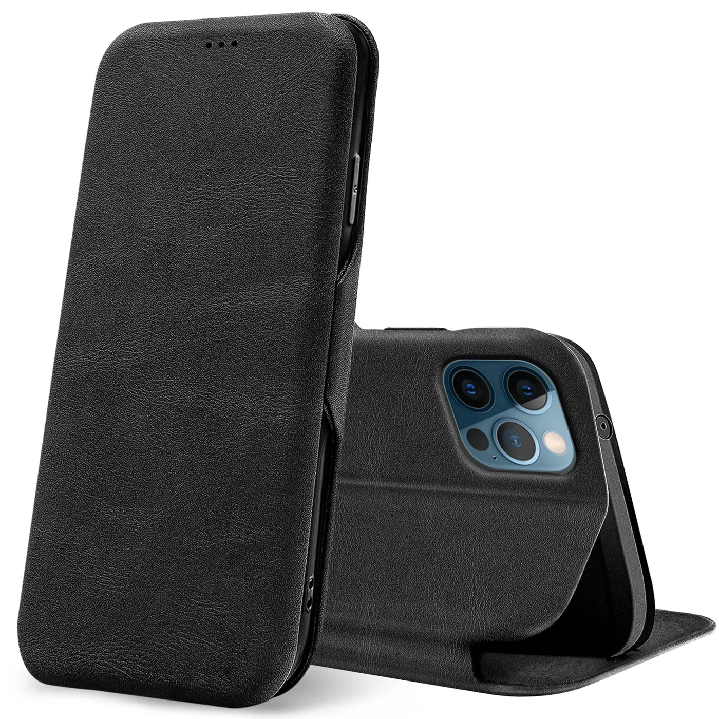 Schwarze Leder-Klapphülle für iPhone 12 Pro Max, von vorne schräg gezeigt.