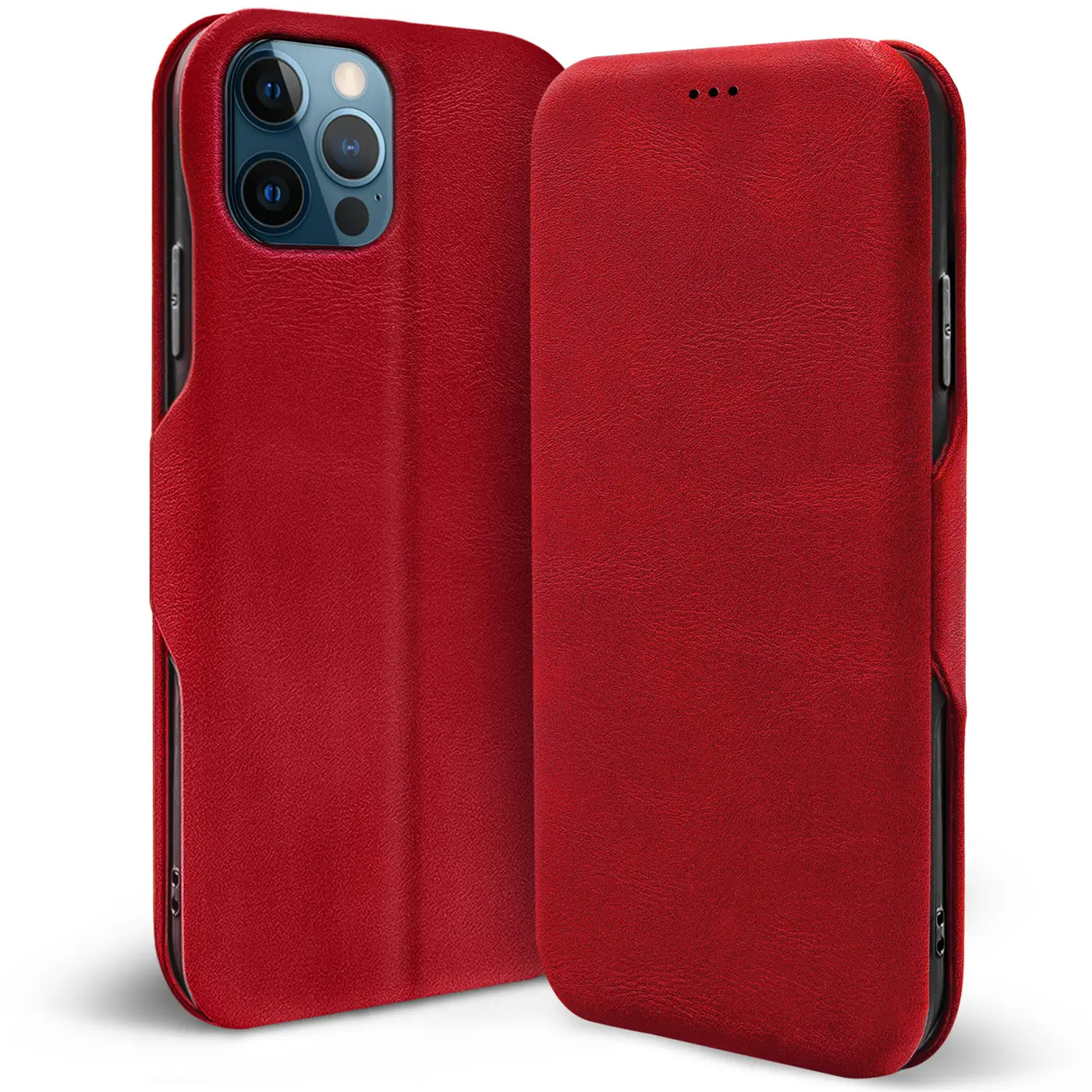 Rote Leder-Klapphülle für iPhone 12 Pro, Rückseite und Vorderseite