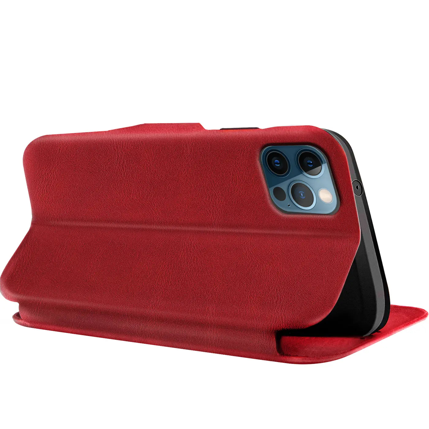 Rote Leder-Klapphülle mit Kartenfach, Seitenansicht, iPhone 12 Pro